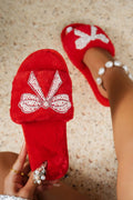 Red Pearl Bow Open Toe Fuzzy Slippers
