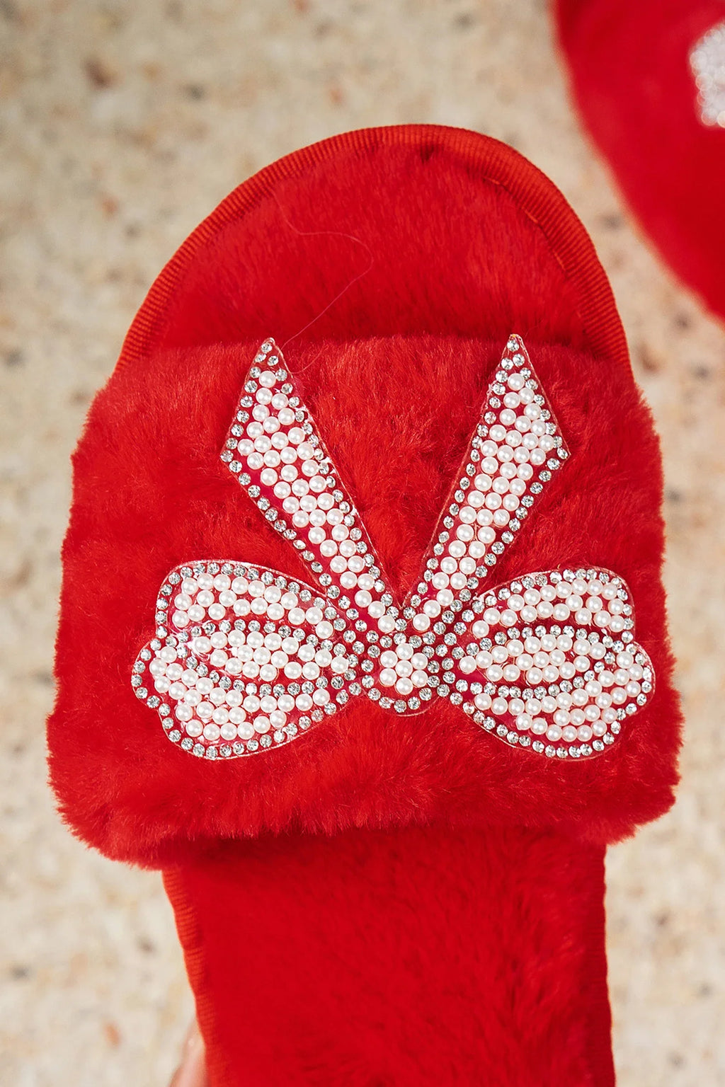 Red Pearl Bow Open Toe Fuzzy Slippers