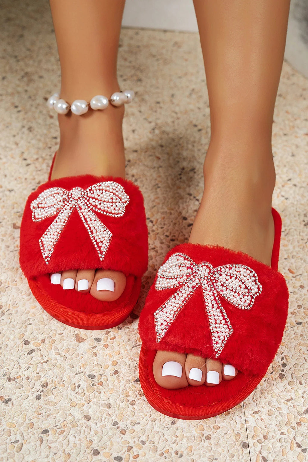 Red Pearl Bow Open Toe Fuzzy Slippers