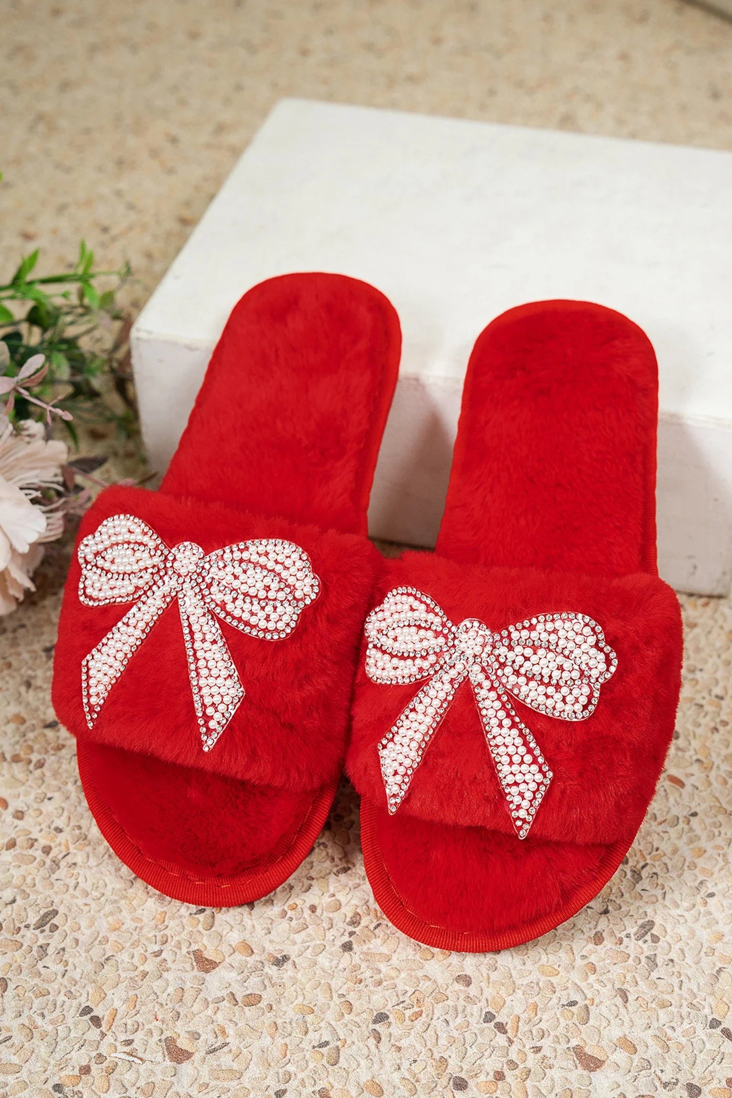 Red Pearl Bow Open Toe Fuzzy Slippers